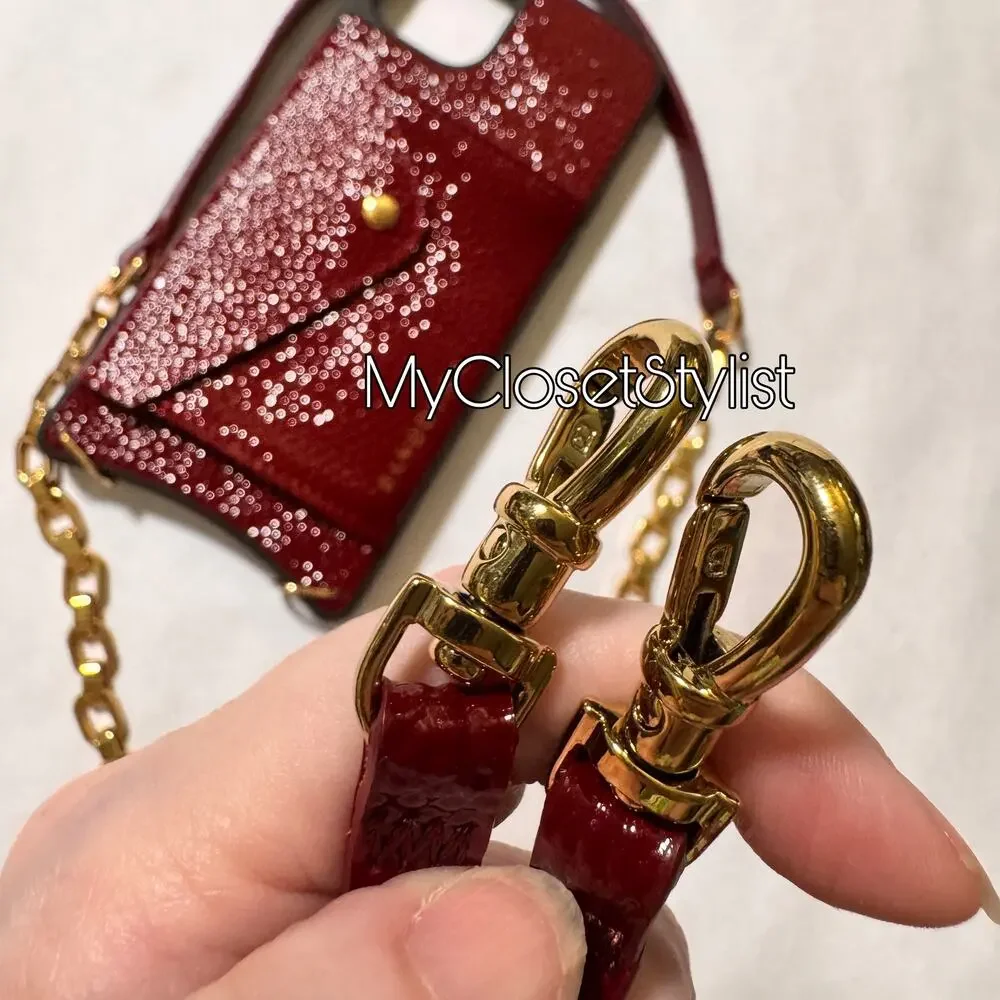 Bandolier LACQUER Leather 14plus Crossbody Chain Case SET wine/gold NEW RARE GEM